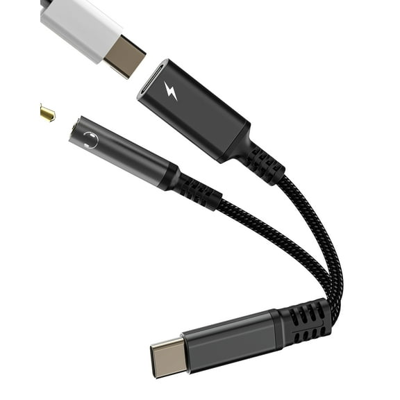 USB C to AUX Audio Adapter(2 in 1)for iPhone 16 15 Pro Max Type C 3.5mm Headphone Jack Charger Cable Splitter Compatible for Samsung Galaxy S25 Dongle for Apple Android for iPad Charging Accessories