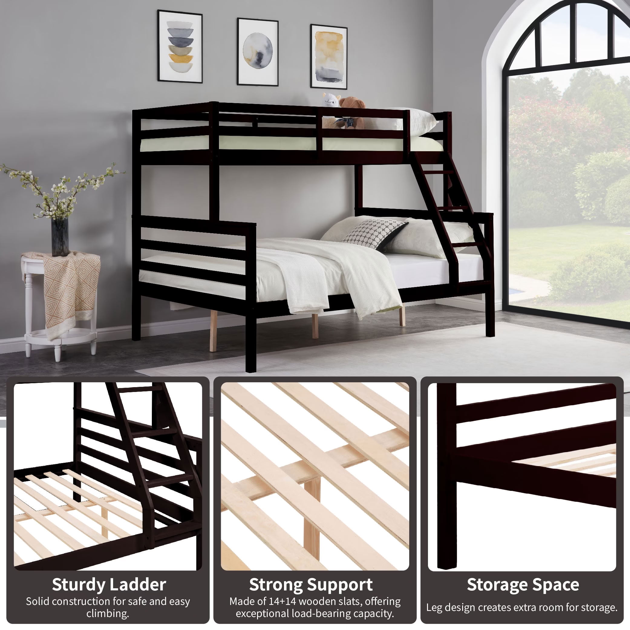 MAYEERTY Twin over Full Wooden Bunk Bed with Ladder and High Guardrail, Space-Saving Bunk Bed for Kids, Teens, Dorm Rooms, and Guest Rooms
