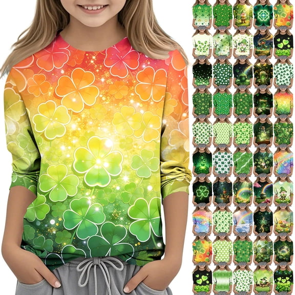 MKOSPLRT Girls Boys St. Patricks Day Shirts 3/4 Sleeve Shamrock Print Tops Round Neck Theme Party Tshirts Casual Loose T Shirts 3-12Y