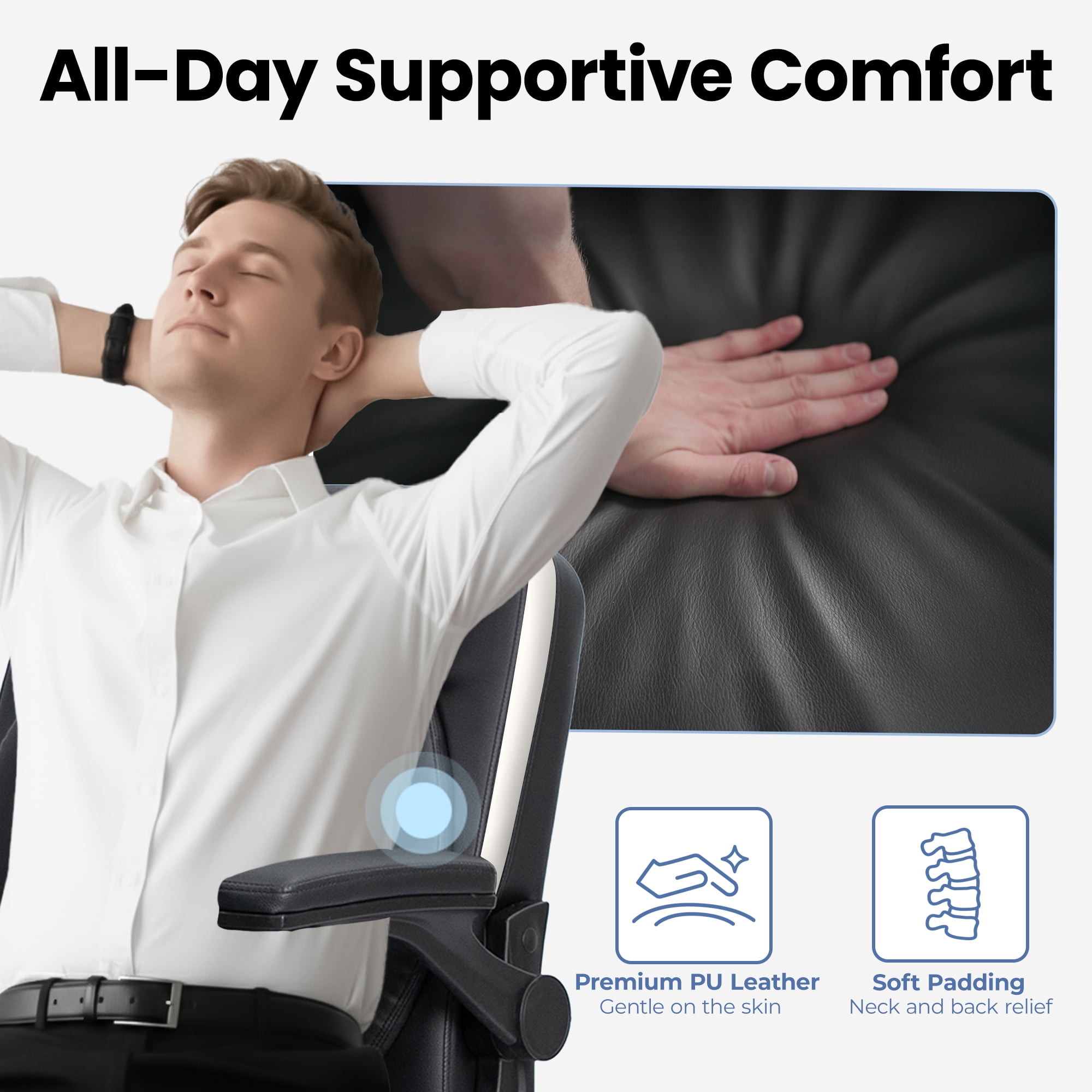 CELTOSS Leather Office Chair, Ergonomic Executive Chair with Padded Flip-Up Armrests, Mid-Back PU Computer Desk Chair, Black