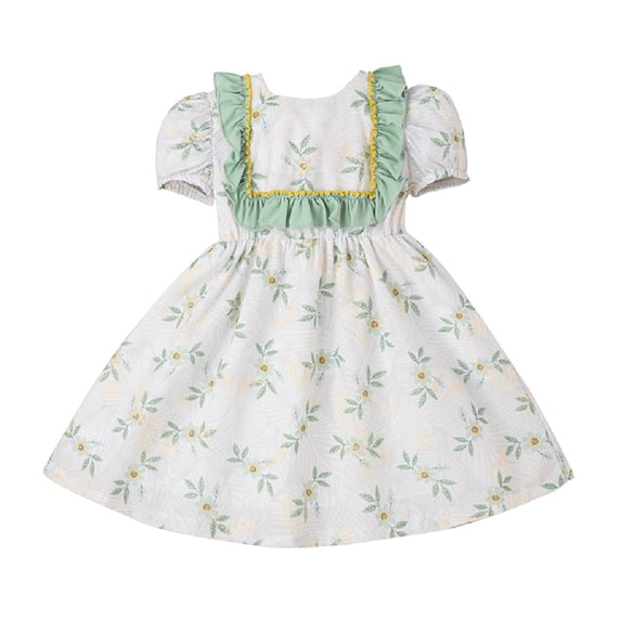 Arvbitana Little Girl Summer Dress Short Puff Sleeve Floral Print Ruffle A-line Dress 4-7 Years
