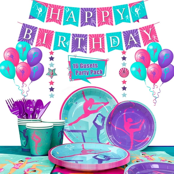 Fournitures d'Anniversaire de Gymnastique, 143 Pcs Décorations et Vaisselle de Fête de Gymnastique - Assiettes Colorées Gobelets Nappe Ballons Bannière Etc Décorations de Fête