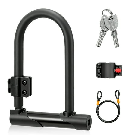 Bicycle U Lock with 4ft Security Cable, Bike Lock with 2 Keys and Mounting Bracket for Road, Mountain, Electric Bikes, Bicycle Lock