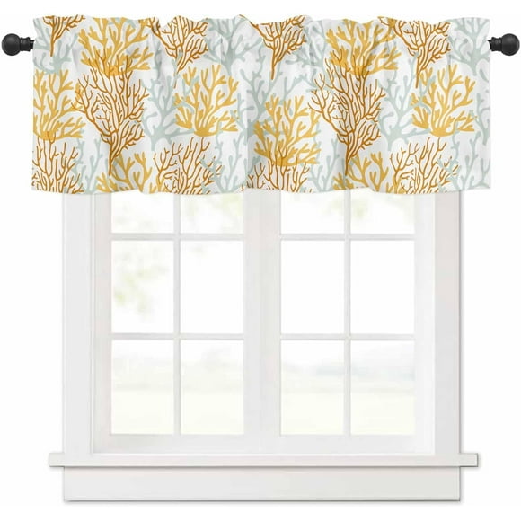 Orange Grey Coral Coastal Farmhouse Short Window Curtain Valances, Summer Beach Valances for Windows, Seaside Nautical Rod Pocket Kitchen Valances for Living Room Bedroom Bathroom Cafe 54"x18"