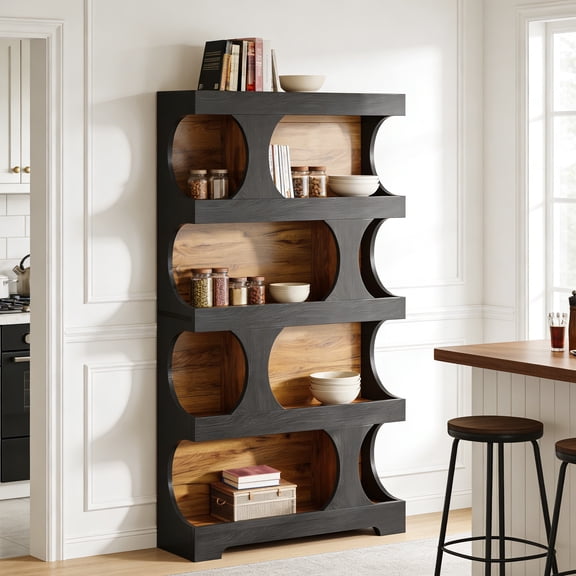 Fnova 71" Tall Bookshelf, 4-Tier Modern Freestanding S-Shaped Bookcase, Wood Decorative Display Storage Shelving, Large Library Book Shelf Unit for Home Office Living Room, Black & Brown