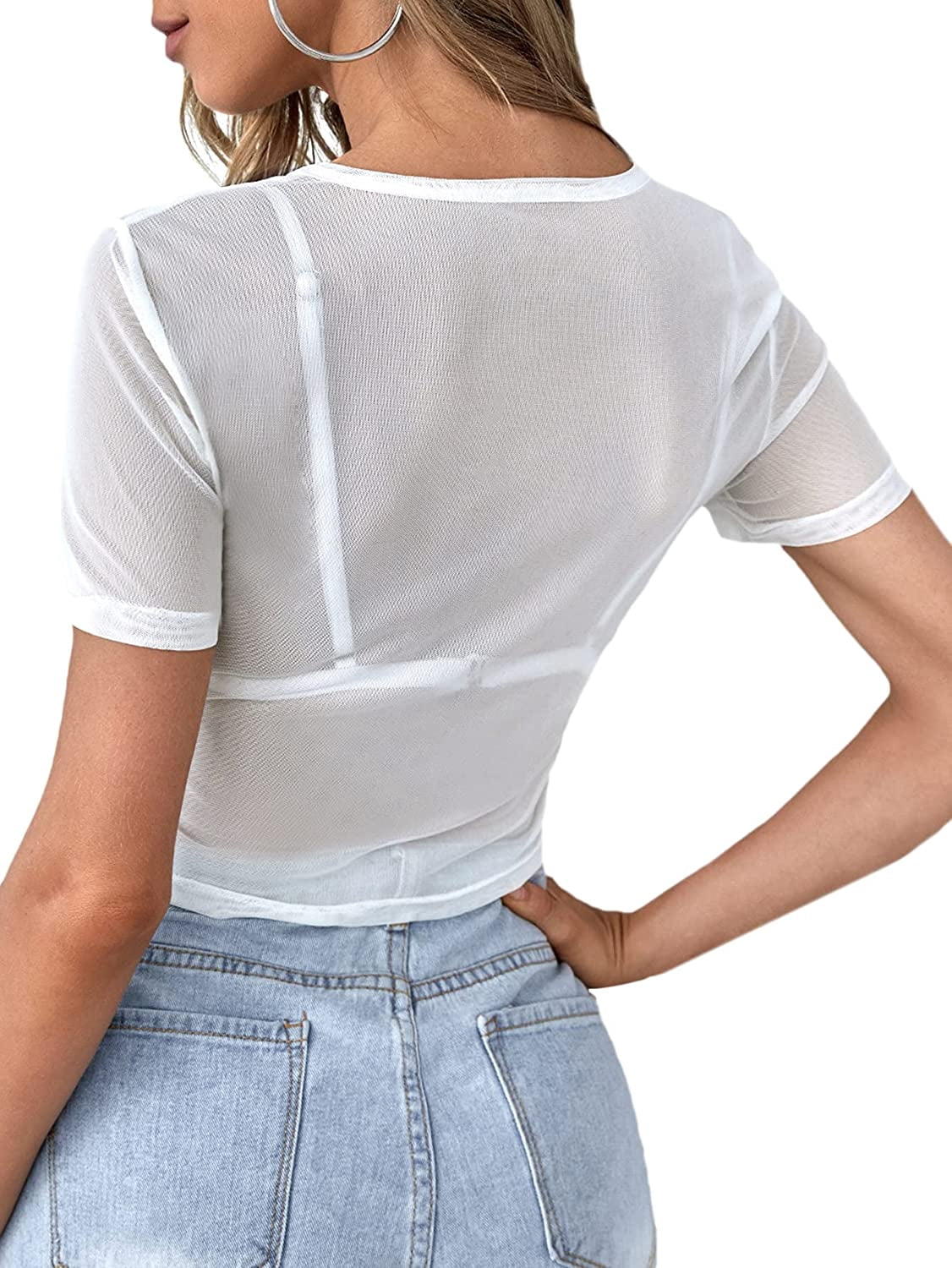 white mesh crop top short sleeve