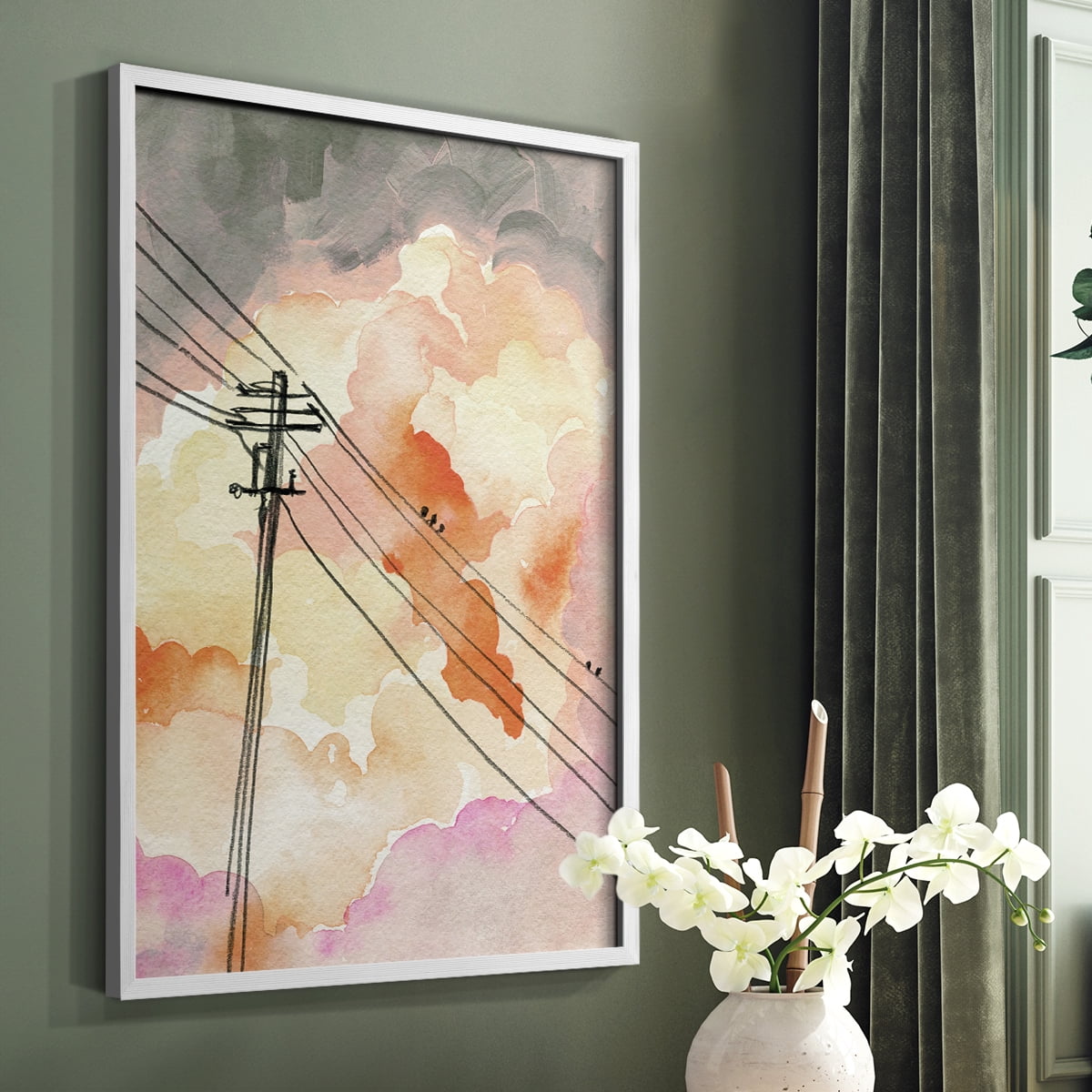 Cloudy Communication II Framed Print in White Solid Wood Framed Print No Nail Hanging
