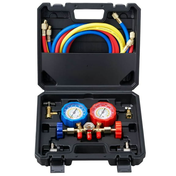 Yardi Yarda 3 Way AC Manifold Gauge Set for R134A R22 R12 R502 Refrigerant, Freon Gauges with 5 Feet Hoses, Couplers, Can Tap Works on Car Auto Freon Charging and Evacuation, Black