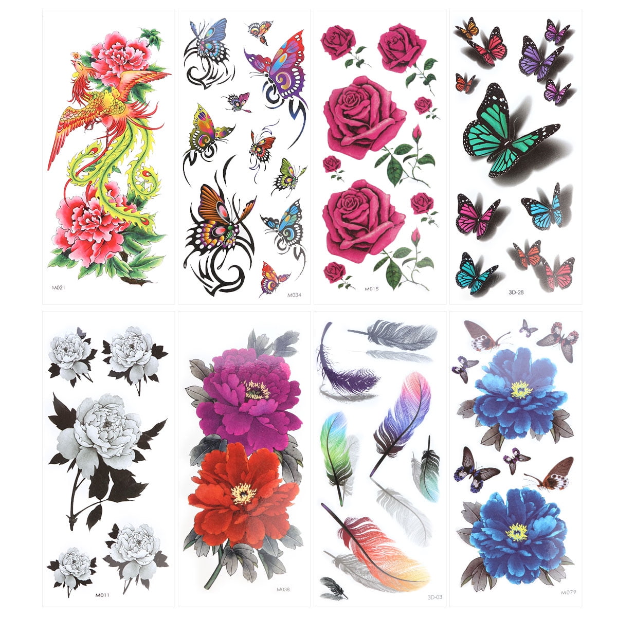 8 Sheets Temporary Tattoo Rose Peony Flower Phoenix 3d Feather Butterfly Flash Tattoo Easy To Apply And Long Lasting For Women Walmart Com