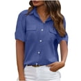 thumbnail image 2 of ClodeEU Women's Utility Shirt with Two Pockets,Solid Color Short Sleeve Button Up Lapel Top Blue,Womens Plus M, 2 of 7