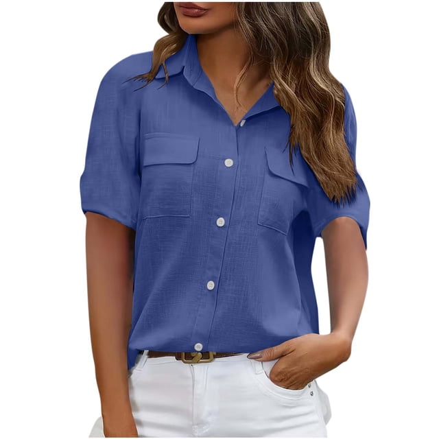 Mujeres de Manga Corta Tops Casual Color Sólido Doble Bolsillo Botón-Arriba Blusa de Cuello Turndown, Blusas de Manga Corta Casual para las Mujeres de Uso Diario