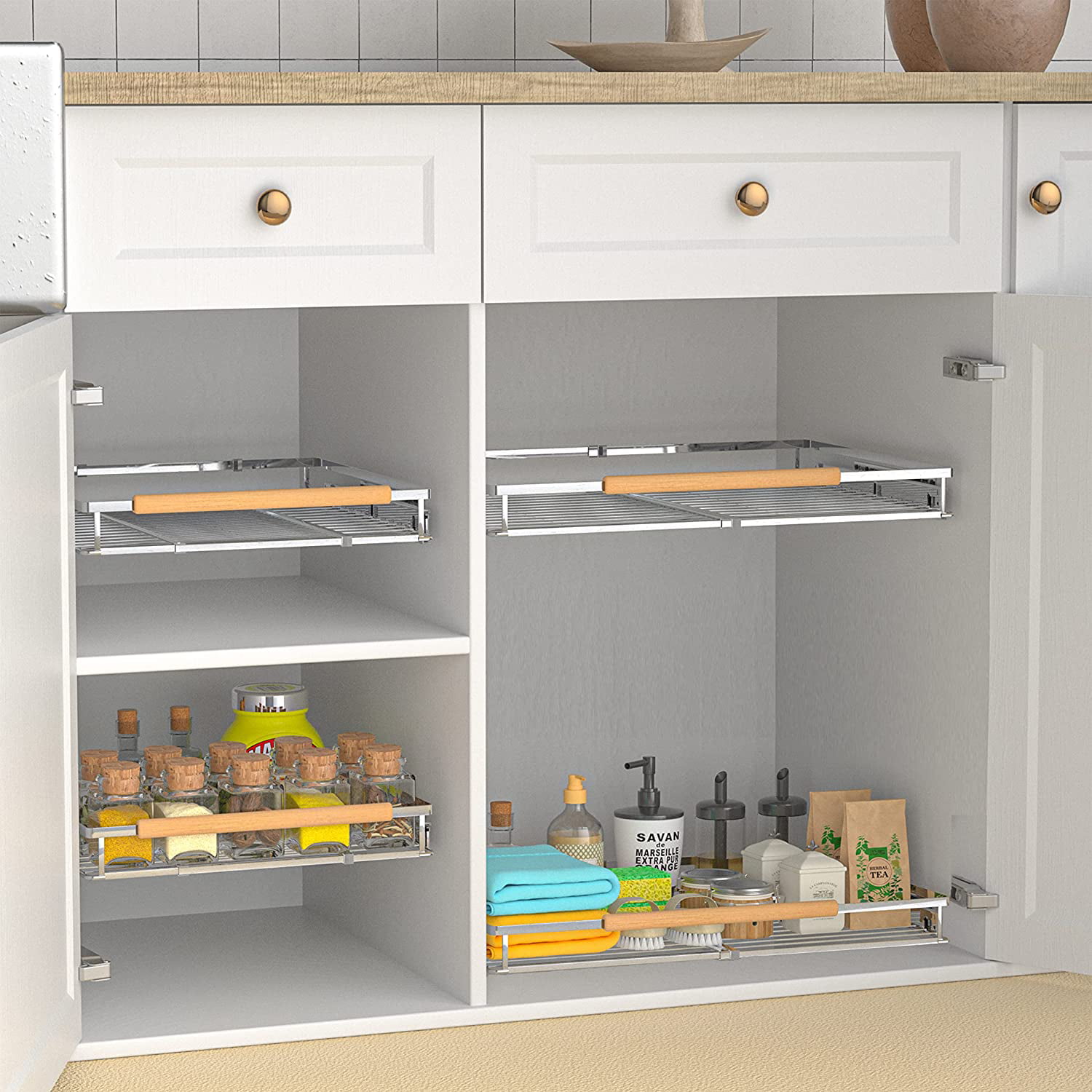 KIKIBRO Pull Out Drawer Cabinet Organizer, Expandable Slide Out  Storage Shelves for Cabinets, Under Sink and Wardrobe, Opening Size  Required 16.3~26.3 1 Pack : Home & Kitchen