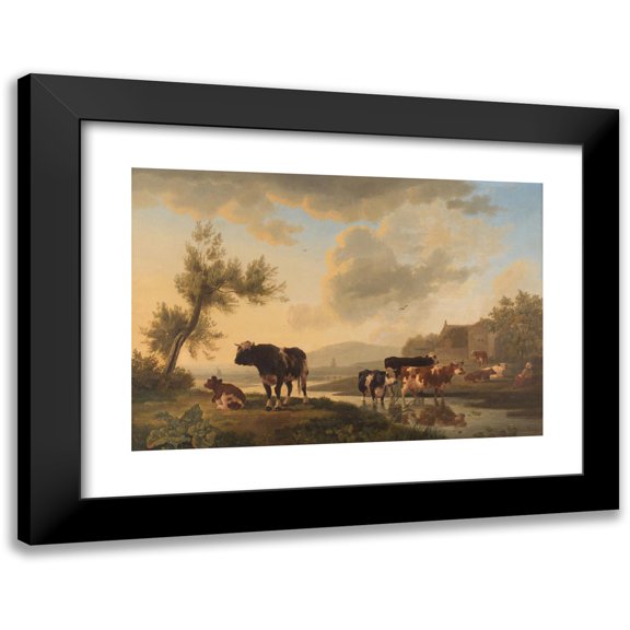 Leendert de Koningh 24x18 Black Modern Framed Museum Art Print Titled - Cows in Summer Landscape