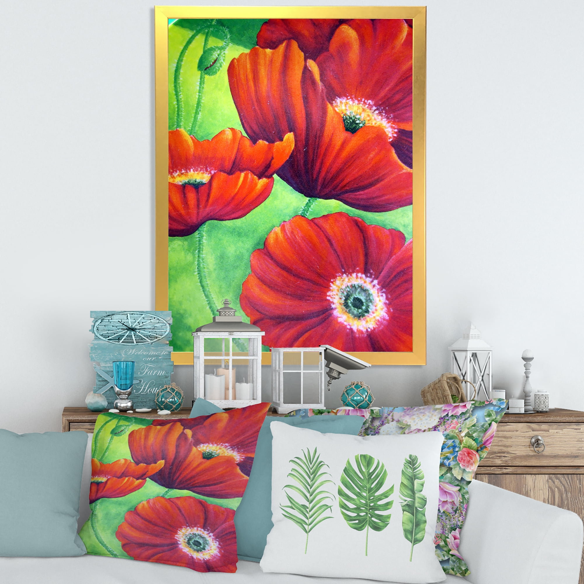 Designart 'Red Blossoming Poppies Over Wild Green V' Traditional Framed Art Print