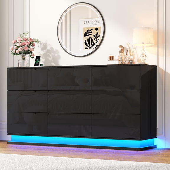 ANPOO 63" W High Gloss Black Dresser for Bedroom w/ LED Light & Power Outlet, Large Floating 9 Drawer Dresser w/ Handle Free, Long Modern Storage Chest of Drawer for Bedroom