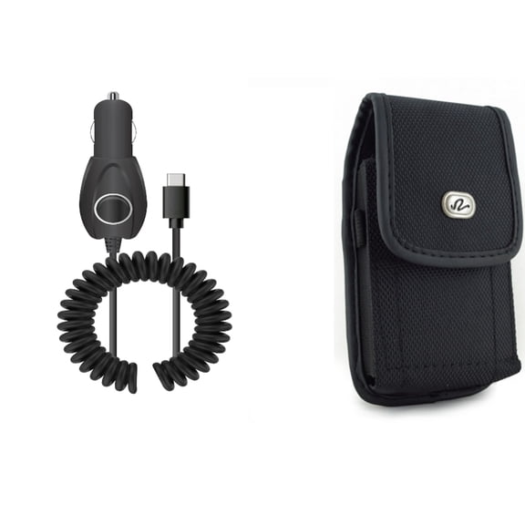 15W Car Charger & Case Belt Clip for iPhone 15 Pro Max - Type-C Power Adapter DC Socket and Rugged Holster Canvas Cover Z3G for iPhone 15 Pro Max (6.7")