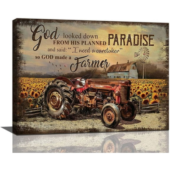 Farmhouse Country Wall Art Rustic Tractor Sunflowers Pictures Wall Decor Farmhouse Windmill Canvas Print Painting Retro Framed Artwork for Bedroom Living Room Kitchen 16"x12"