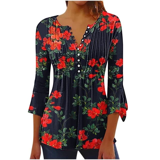 Pompotops Tunique Décontractée à Manches 3/4 Imprimée Florale Col en V pour Femmes Chemises Basiques d'Été Blouse Plissée Liquidation