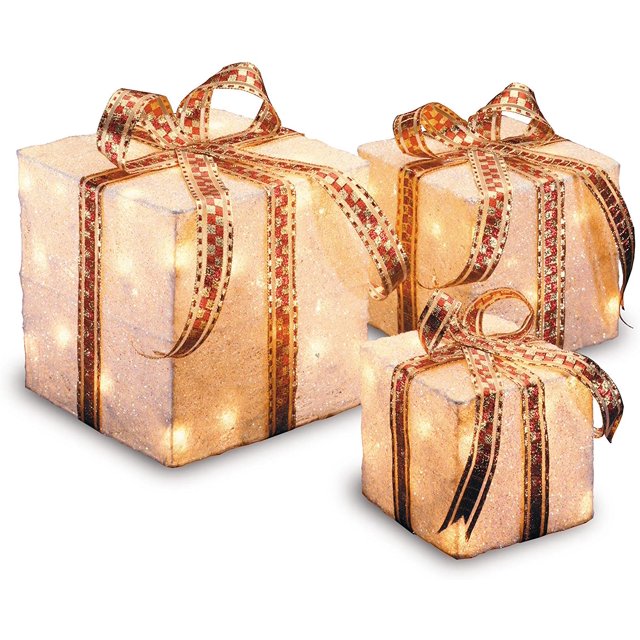 Juego 3 Cajas de Regalo Sisal 6, 8 y 10 pulgadas Luces Blancas Preinstaladas Decoración Navideña National Tree Company MZGB-ASST-4L-1