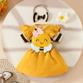 thumbnail image 2 of MIXUE Baby Girls Outfit Sets Summer Striped Print Round Neck Short Sleeve Rompers Cartoon Bee Suspender Skirts Hairband Three Piece Activewear,Yellow,9-12 Months, 2 of 9
