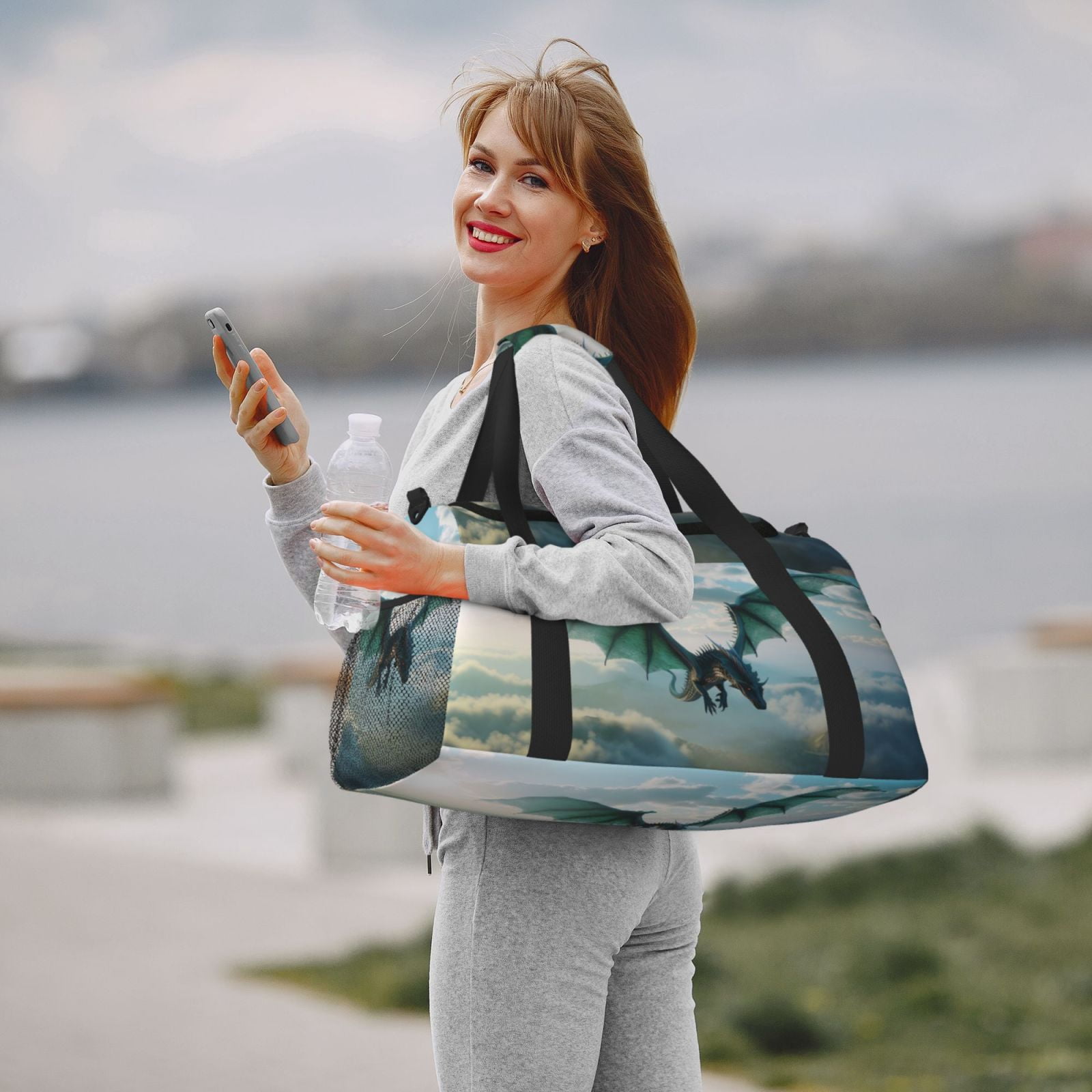 Fuzoiu Cloud Sky Green Dragon Print Travel Duffle Bag,Carry On Tote Bags,Duffel Bag,Sport Gym Bag, Hospital Bag for Labor and Delivery, Overnight Bag,Luggage Bag