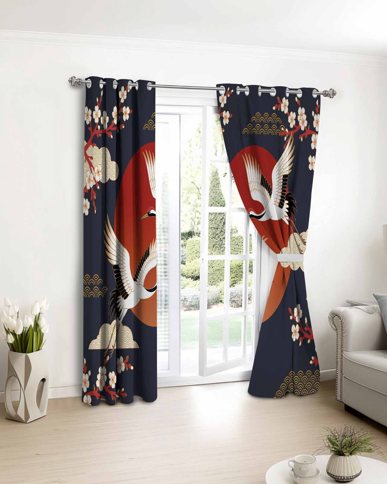 Japanese Style Blackout Curtains for Bedroom/Living Room, Thermal Insulated Kitchen Curtains, Modern Cranes Cherry Flower Wave Red Blue Grommet Darkening Window Treatment Drapes 52"x63"x2