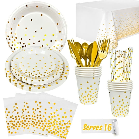 White and Gold Party Supplies,129pcs White Gold Party Tableware Set - White and Gold Paper Plates and napkins Cups Tablecloth