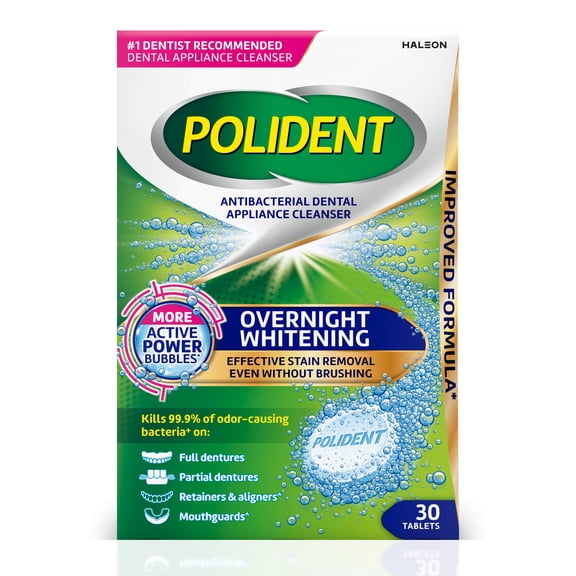 Polident Overnight Whitening Antibacterial Dental Appliance Cleanser Tablets, 30 Count