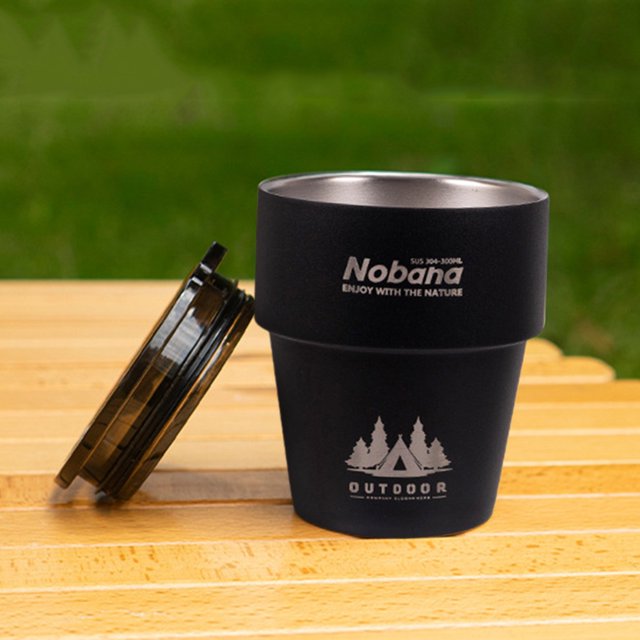 Tazas para acampar 300ML Cerveza Té Tazas de leche con tapa para caminatas al aire libre (negro)