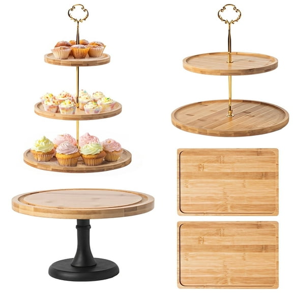 5 PCS Wooden Cake Display Stand - Round Cupcake Stand Set with 3-Tier & 2-Tier & Serving Trays, Rustic Tower Serving Tray for Dessert - Perfect for Birthdays Weddings Tea Parties