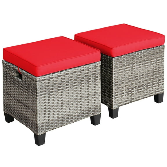 Gymax Set of 2 Patio Ottoman Rattan Wicker Footstool with Red Cushions