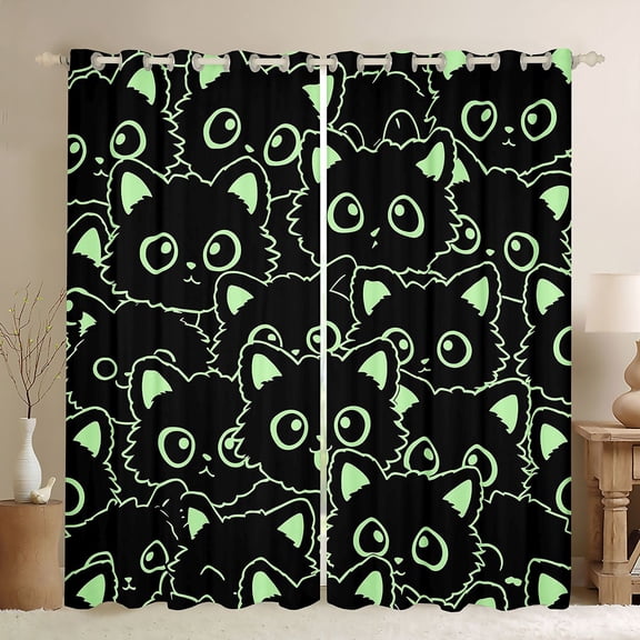Manfei Cute Simple Cat Blackout Curtains, Cartoon Kitten Window Curtains Pack of 2 (38x45 Each), Black Green