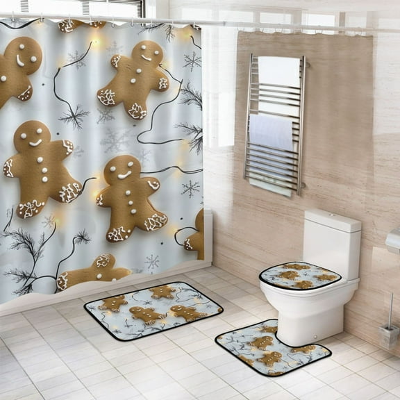 Ryvnso 4 Pcs Gingerbread Christmas Bathroom Shower Curtain Set with 12 Hooks Bath Mat Toilet Lid Cover