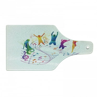 Youth Cutting Board, Active Dancing Jumping People Vibrant Silhouettes with Musical Notes Joyful Festival, Tempered Glass Cutting and Serving Board, Wine Bottle Shape, Multicolor, by Ambesonne