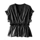 thumbnail image 3 of Camisa de mujer Cuello en V Manga corta Blusa de rayas con volantes Top casual, Negro, XXL Noticed AP001462-10, 3 of 7