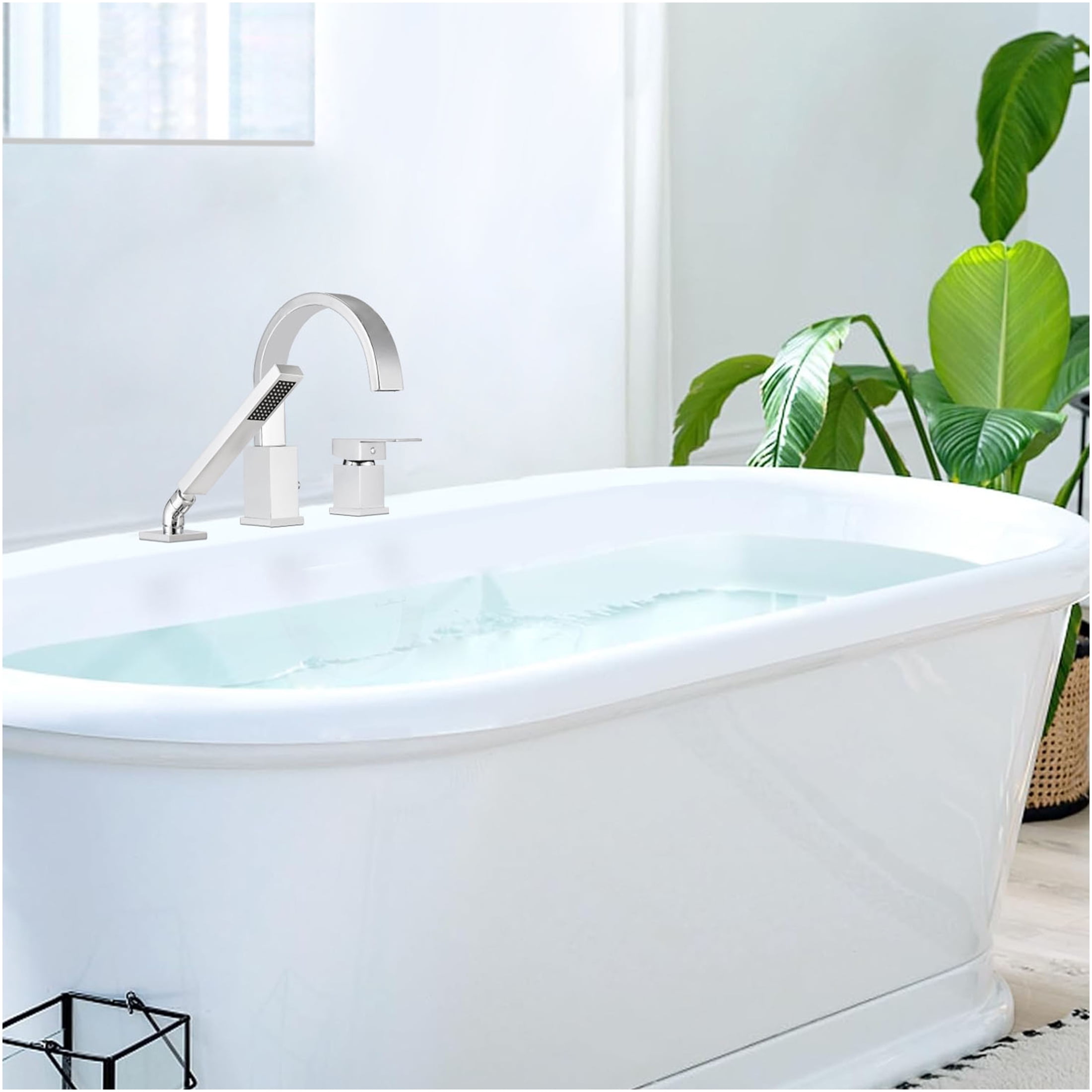 JERFIT Chrome 3-Hole Waterfall Roman Tub Filler Set with Handheld Shower, Deck Mount Stainless Steel Bathtub Faucet