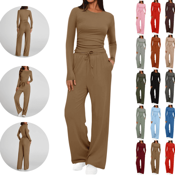 Gamivast Two Piece Sets for Women Crew Neck Crop Top & Wide Leg Pants Lounge Sets Long Sleeve Flowy Yoga Dance Casual Matching Outfits