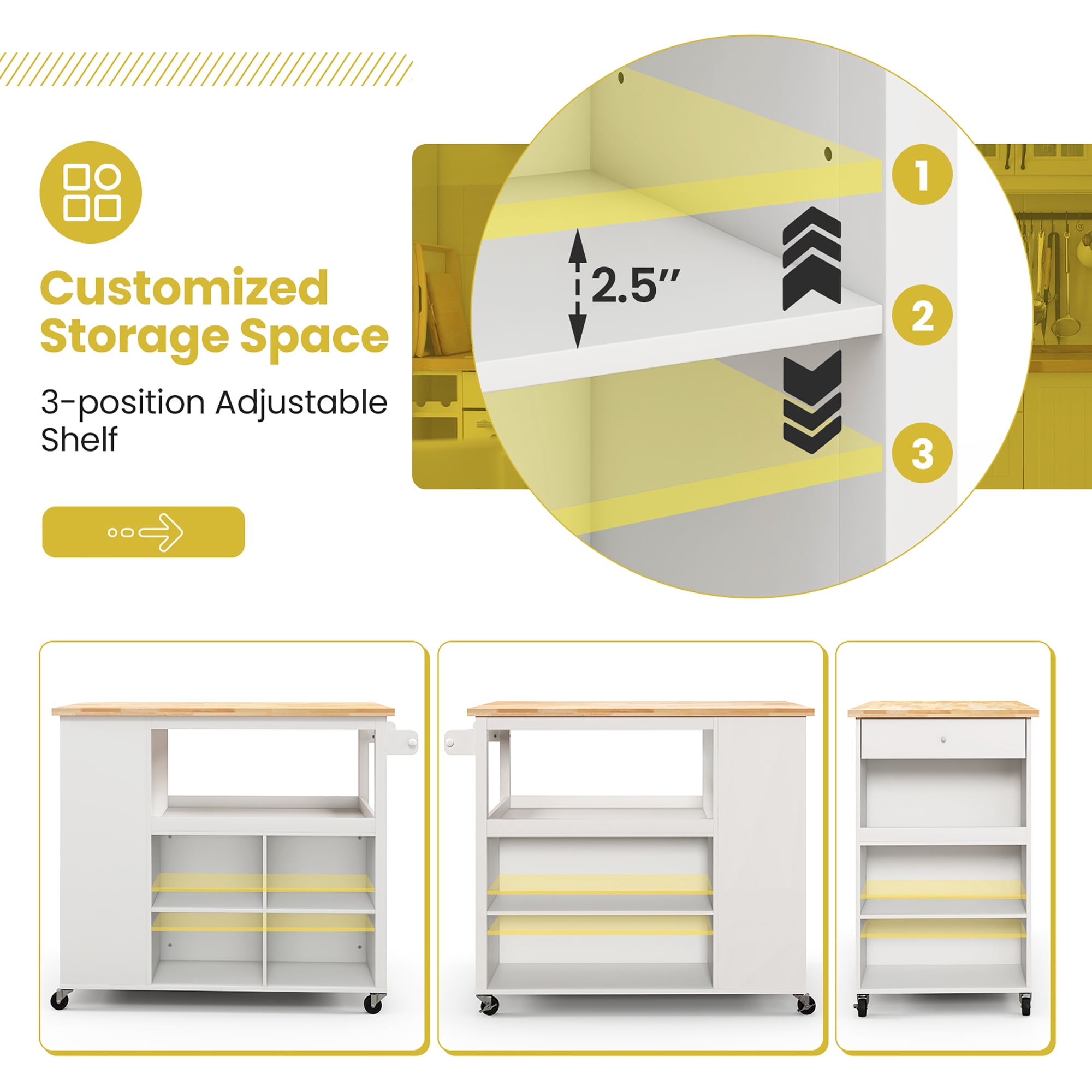 Costway Kitchen Island Trolley Cart on Wheels with Storage Open Shelves & Drawer White