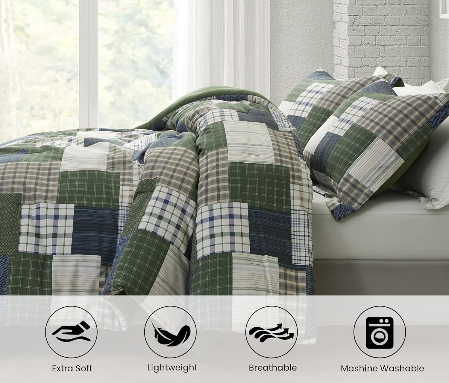Chezmoi Collection Cedar 3-Piece Printed Patchwork Comforter Set, Green Navy Plaid Striped, Pre-Washed Microfiber Lightweight Reversible Bedding for All Seasons, Queen Size