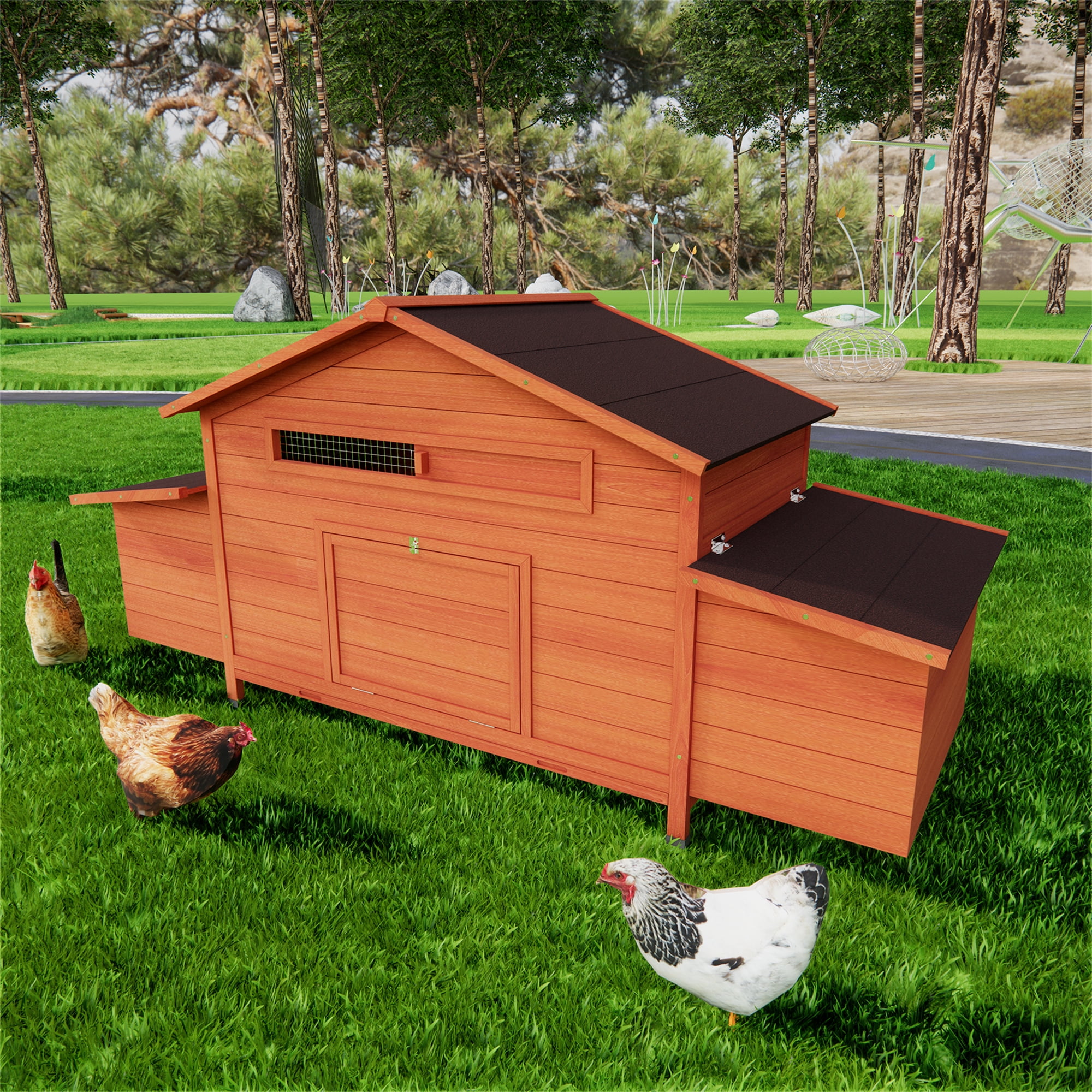 Aukfa 70" Large Chicken Coop Wooden 4 Nesting Boxes Chicken Cage for Outdoor, Backyard, Brown