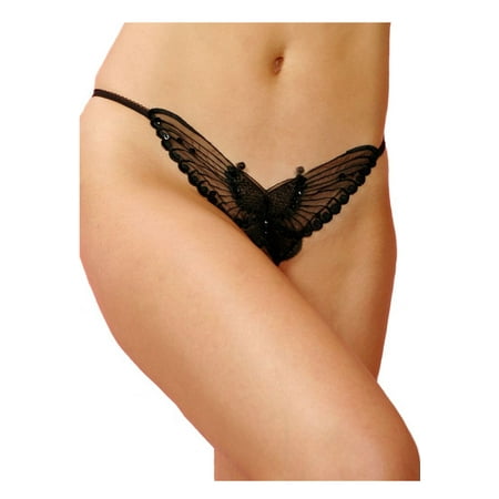 2 Piece Sheer Panties - Flirtzy Sheer Butterfly Applique Crotchless Panties w/ Pearl and Sequin Details