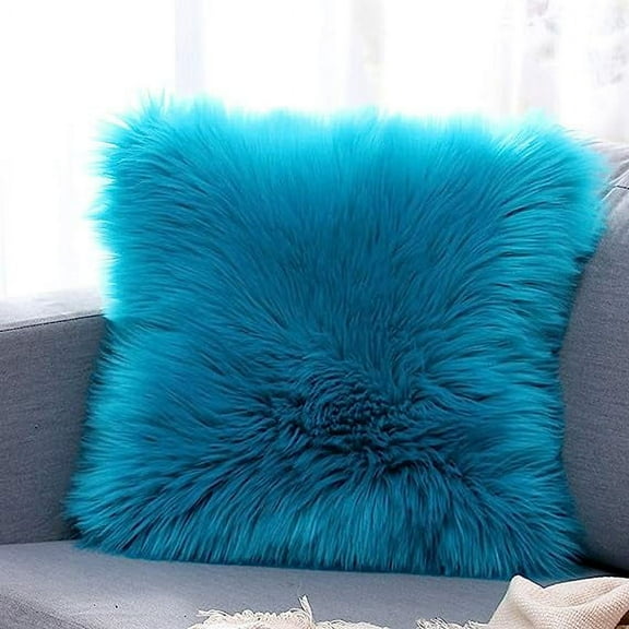 Nvzi Double-Sided Faux Fur Sheepskin Decorative Throw Pillow Cover Luxury Super Soft Plush Cushion Case for Sofa or Bed (16"x16",Dark Blue)