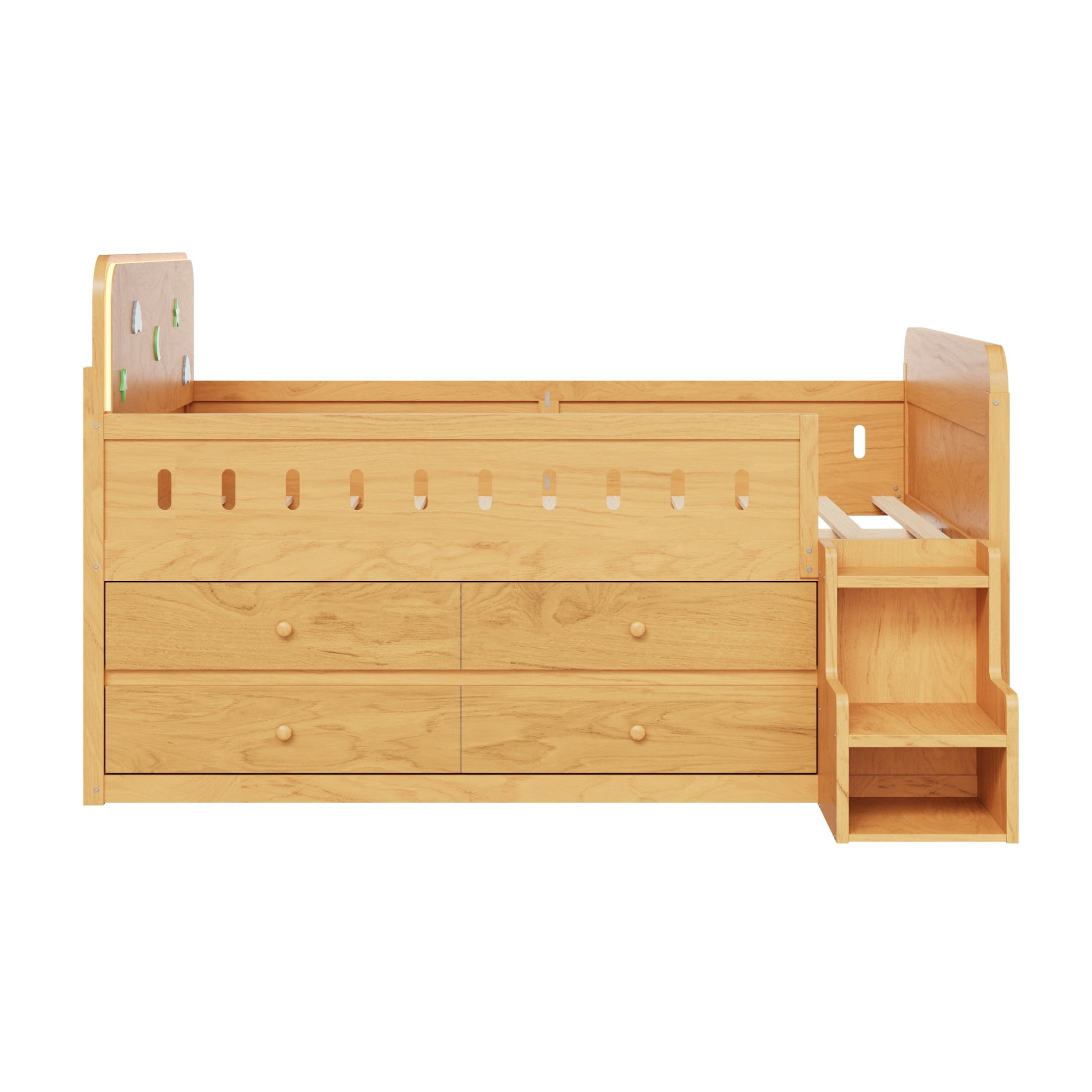 Noble House Halden Full Size Wooden Bed, Integrated LED Lighting and 4 Storage Drawers with Ladder, Natural