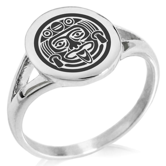 Stainless Steel Aztec Mask Rune Minimalist Oval Top Polished Statement Signet Ring