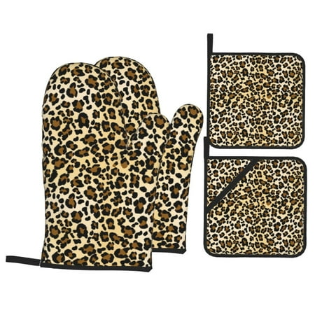 

Oven Mitts and Pot Holders Sets 4 pcs - golden leopard trendy Heat Resistant Silicone Oven Gloves with Non-Slip Silicone Surface and hot pads for kitchen Baking Cooking BBQ