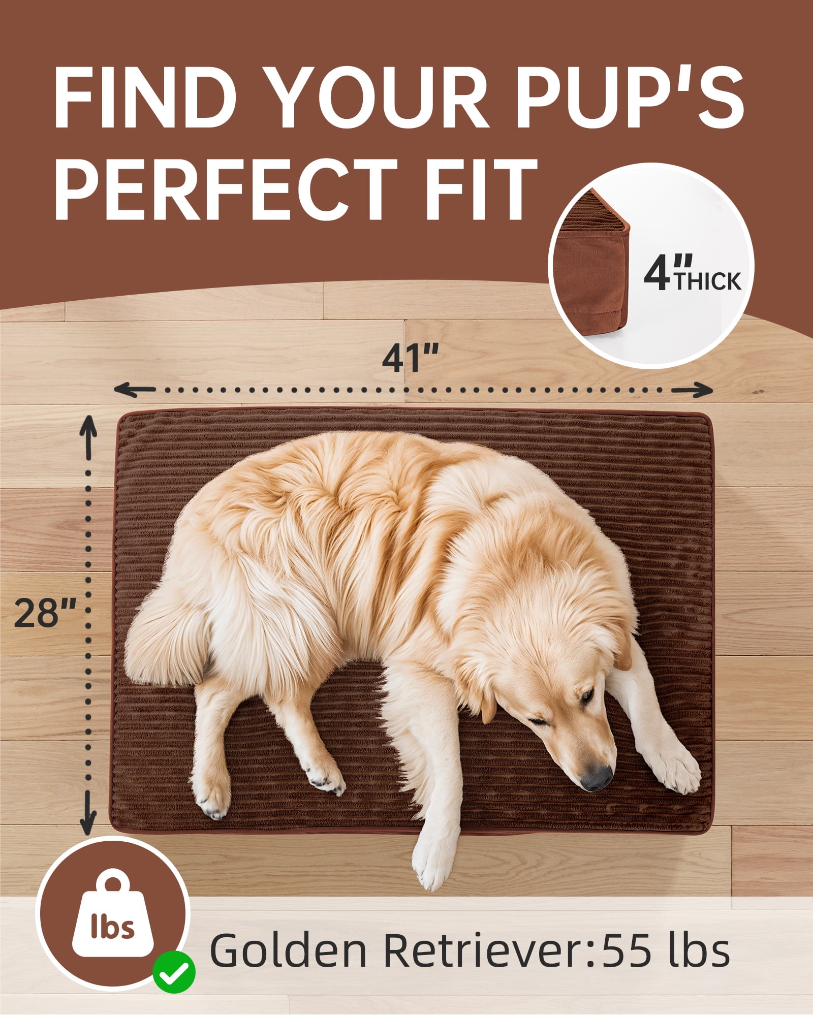 Ophanie Brown Orthopedic Dog Bed for Large Dogs with Non-Slip Bottom, Waterproof and Machine Washable Removable Pet Bed Cover,Size(41"x28"x4")