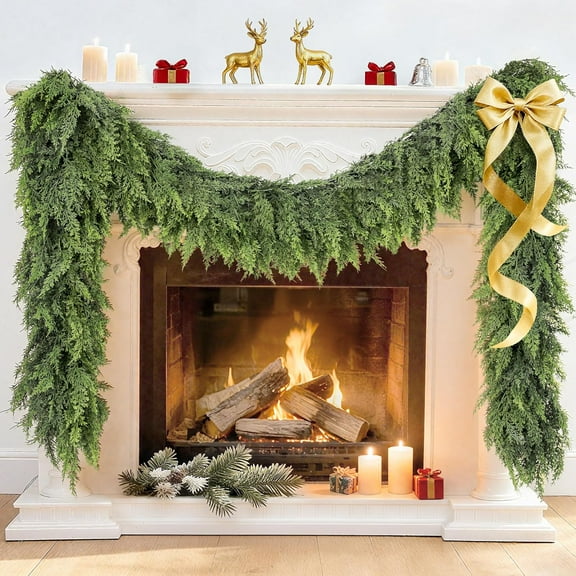 9 ft Real Touch Christmas Garland, Cedar Garland Christmas Decorations, Soft & Lush Artificial Faux Pine Garlands for Mantle, Table, Stairs, Doorframe, Fireplace Indoor Outdoor Holiday Decorations