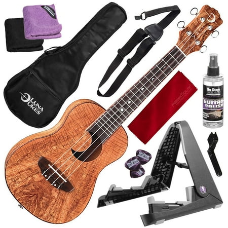 Luna Exotic Series Spalt Maple Concert Ukulele with Crescent Moon Soundhole and Professional Stand Deluxe Bundle