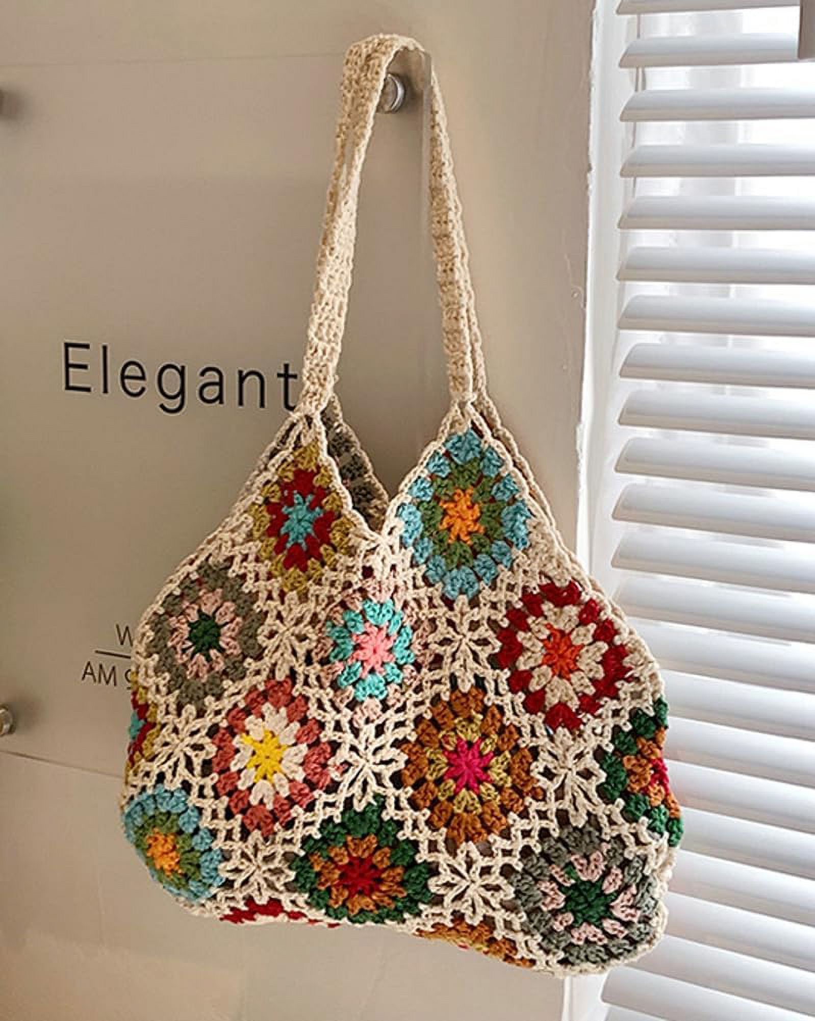 Kukuzhu Cute Floral Knitted Shoulder Bag Women Aesthetic Fairy Y2k Hobo Bag Crochet Small Hand Woven Beach Mesh Tote Purse