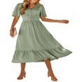 thumbnail image 3 of Femmes Été Robe Longue Couleur Unie Suisse Point V-Cou Volants Manches Courtes Robe Décontractée Robe Swing, 3 of 9